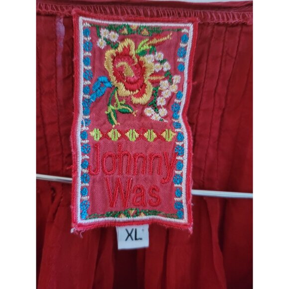 Johnny Was Red Eyelet Top lace Embroidered blouse size XL Cupro boho festival - Picture 2 of 6